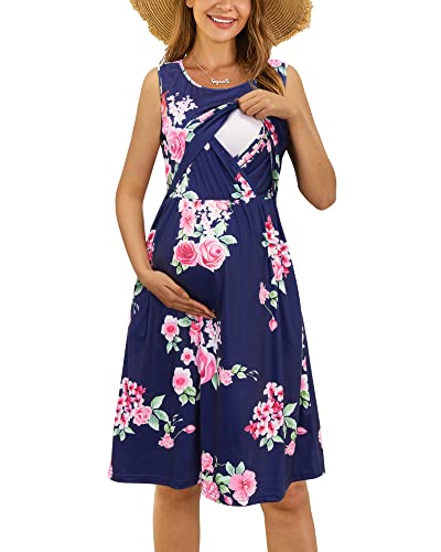 OUGES Damen Sommer Umstandskleid Ärmellos Stillkleid Lässiges Schwangere Kleider Baumwolle mit Taschen（Floral03，S） von OUGES
