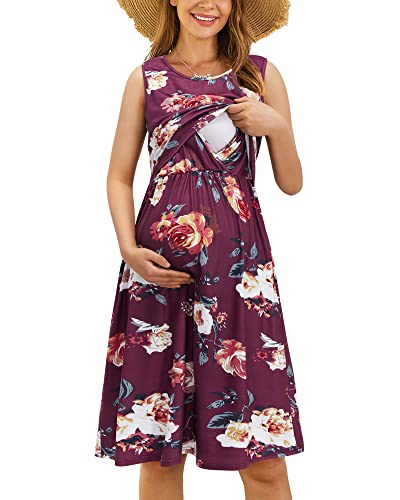 OUGES Damen Sommer Umstandskleid Ärmellos Stillkleid Lässiges Schwangere Kleider Baumwolle mit Taschen（Floral09，M） von OUGES