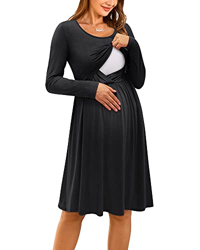 OUGES Damen Winter Umstandskleid Stillkleid Lässiges Schwangere Herbst Baumwolle Kleid mit Taschen(Schwarz592,S) von OUGES