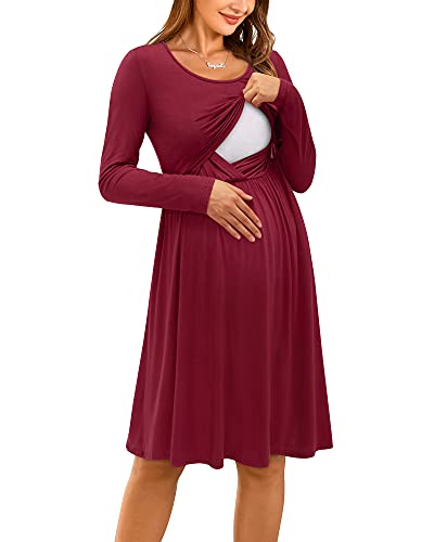 OUGES Damen Winter Umstandskleid Stillkleid Lässiges Schwangere Herbst Baumwolle Kleid mit Taschen(Wein592,XL) von OUGES