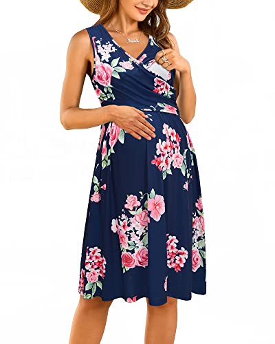 OUGES Damen V-Ausschnitt Ärmellos Sommer Blumen Umstandskleider Stillkleid mit Taschen(Floral1-315,L) von OUGES