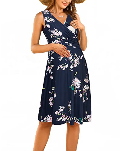 OUGES Damen V-Ausschnitt Ärmellos Sommer Blumen Umstandskleider Stillkleid mit Taschen(Floral15-315,XXL) von OUGES