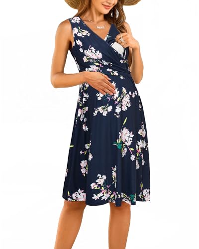 OUGES Damen V-Ausschnitt Ärmellos Sommer Blumen Umstandskleider Stillkleid mit Taschen(Floral15-315,XL) von OUGES