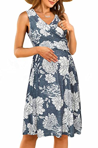 OUGES Damen V-Ausschnitt Ärmellos Sommer Blumen Umstandskleider Stillkleid mit Taschen(Floral18-315,L) von OUGES