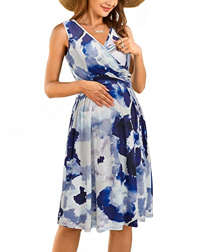 OUGES Damen V-Ausschnitt Ärmellos Sommer Blumen Umstandskleider Stillkleid mit Taschen(Floral5-315,XXL) von OUGES