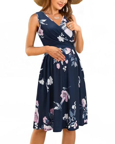 OUGES Damen V-Ausschnitt Ärmellos Sommer Blumen Umstandskleider Stillkleid mit Taschen(Floral8-315,L) von OUGES