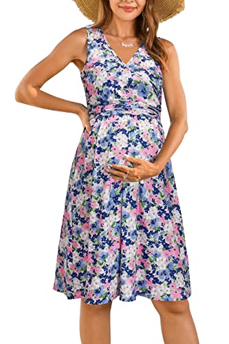 OUGES Damen V-Ausschnitt Ärmellos Sommer Blumen Umstandskleider Stillkleid mit Taschen(Floral24-315,XXL) von OUGES