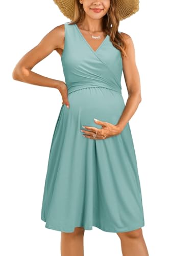 OUGES Damen V-Ausschnitt Ärmellos Sommer Umstandskleider Stillkleid mit Taschen(Grau Blau,M) von OUGES