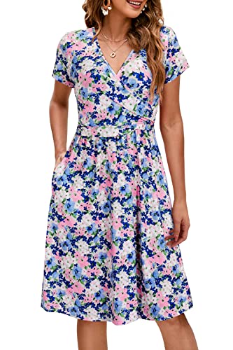 OUGES Damen V-Ausschnitt Kurzarm Sommer Blumen Umstandskleider Stillkleid mit Taschen(Floral A,L) von OUGES