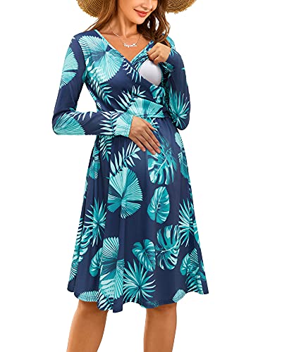 OUGES Damen Winter Umstandskleid V-Ausschnitt Langarm Blumen Stillkleid Lässiges Schwangere Kleider mit Taschen Herbst(FloralB-661,XL) von OUGES