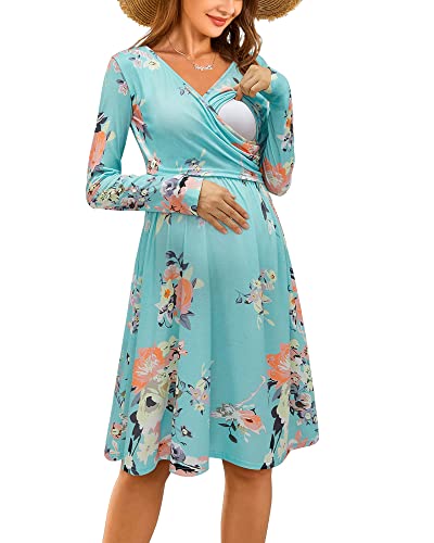 OUGES Damen Winter Umstandskleid V-Ausschnitt Langarm Blumen Stillkleid Lässiges Schwangere Kleider mit Taschen Herbst(FloralD-661,XL) von OUGES