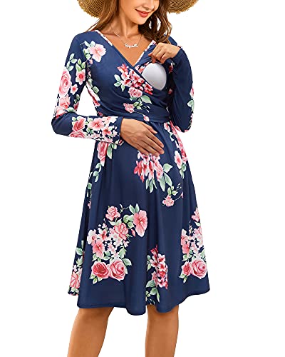 OUGES Damen Winter Umstandskleid V-Ausschnitt Langarm Blumen Stillkleid Lässiges Schwangere Kleider mit Taschen Herbst(Florala-661,M) von OUGES