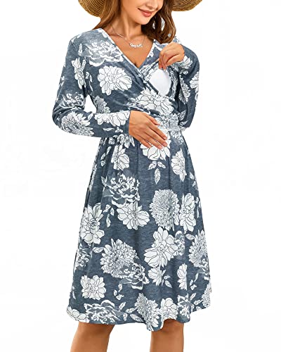 OUGES Damen Winter Umstandskleid V-Ausschnitt Langarm Blumen Stillkleid Lässiges Schwangere Kleider mit Taschen Herbst(FloralE-661,XXL) von OUGES