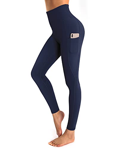 OUGES Damen Sport Leggings High Waist Leggins Yogahose Blickdichte Sporthose mit Taschen (Marine,L) von OUGES