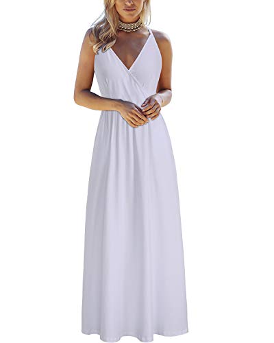 OUGES Kleid Damen Sommer Lang Maxikleid Elegant V-Ausschnitt Ärmellos Spaghettiträger Kleid Weiß Strandkleid Mit Taschen(Weiß-OE629,L) von OUGES