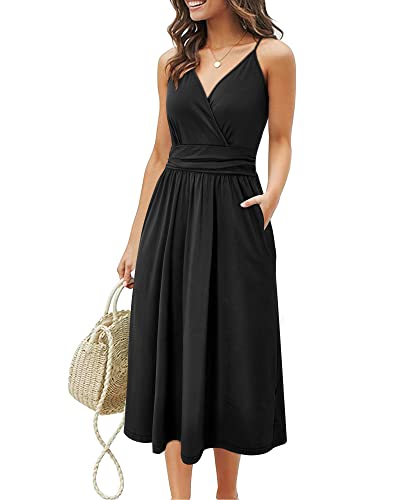 OUGES Sommerkleid Damen Knielang Kleider Sommer Spaghettiträger V-Ausschnitt Kleid mit Taschen(Schwarz,L) von OUGES