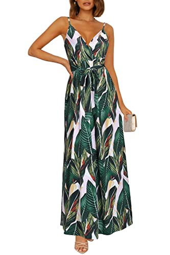 OUGES Maxikleider Damen Sommer Elegant Lang Kleider Spaghettiträger V-Ausschnitt Ärmellos Blumenkleid Trägerkleider Strandkleid Freizeitkleid Mit Taschen(Blumen08-OE442,M) von OUGES