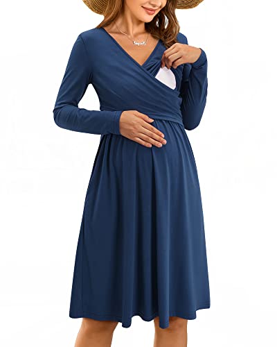 OUGES Midi Damen Stillkleid Lange Ärmel Umstandskleid V-Neck Schwangerschaftskleid für Fotoshooting-L von OUGES