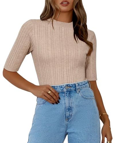 OUGES Pullover Damen Herbst Rollkragenpullover Kurzarm Pulli Turtleneck Rolli Herbst Oberteile Mit Stehkragen(A-Beige,L) von OUGES