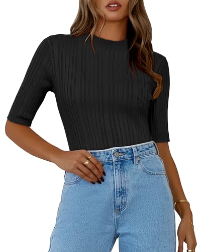 OUGES Pullover Damen Sommer Rollkragenpullover Kurzarm Pulli Turtleneck Rolli Herbst Oberteile Mit Stehkragen von OUGES