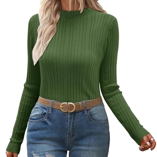OUGES Rollkragenpullover Damen Pullover Langarmshirt Strickpullover Turtleneck Pulli Herbst Winter Oberteile(Grün,L) von OUGES