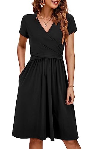 OUGES Sommer Damen Stillkleid V-Ausschnitt Umstandskleid Festlich 2025 Mode Midikleid mit Taschen -L von OUGES