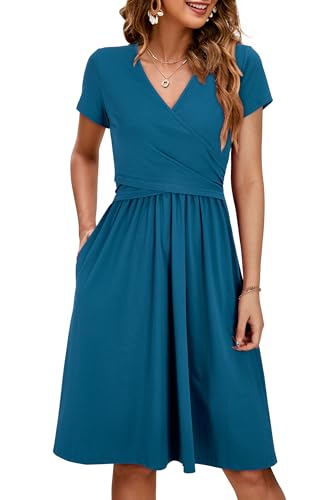 OUGES Sommer Damen Stillkleid V-Ausschnitt Umstandskleid Festlich 2025 Mode Midikleid mit Taschen -XL von OUGES