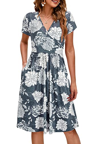 OUGES Sommer Damen Stillkleid V-Ausschnitt Umstandskleid Festlich 2025 Mode Midikleid mit Taschen -XL von OUGES