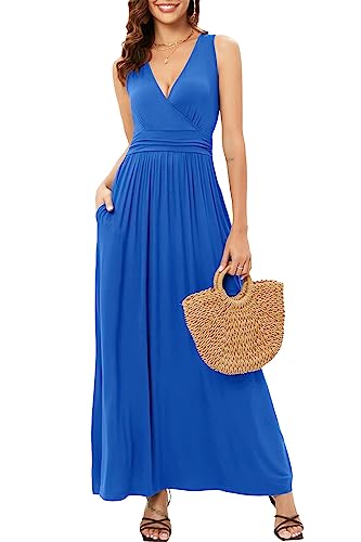 OUGES Sommerkleid Damen Ärmellos V-Ausschnitt Kleider Casual Boho Kleid Maxikleid mit Taschen (Blau-3141, S) von OUGES