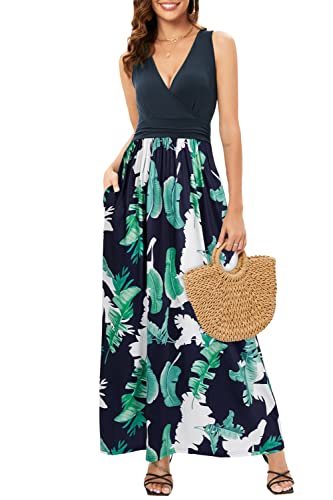 OUGES Sommerkleid Damen Ärmellos V-Ausschnitt Kleider Casual Boho Kleid Maxikleid mit Taschen (Floral01-3142, M) von OUGES