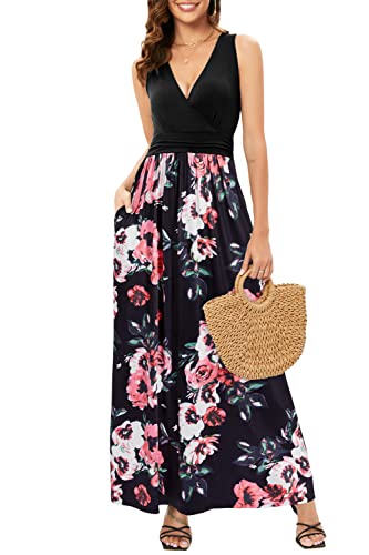 OUGES Sommerkleid Damen Ärmellos V-Ausschnitt Kleider Casual Boho Kleid Maxikleid mit Taschen (Floral02-3142, S) von OUGES