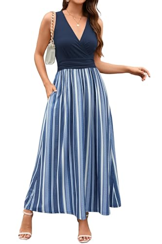 OUGES Sommerkleid Damen Ärmellos V-Ausschnitt Kleider Casual Boho Kleid Maxikleid mit Taschen (Floral03-3142, XL) von OUGES