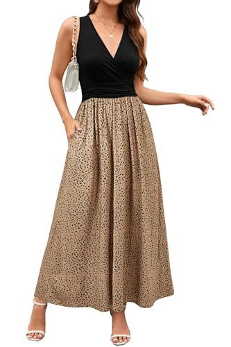 OUGES Sommerkleid Damen Ärmellos V-Ausschnitt Kleider Casual Boho Kleid Maxikleid mit Taschen (Floral04-3142, S) von OUGES