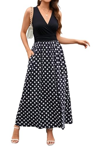 OUGES Sommerkleid Damen Ärmellos V-Ausschnitt Kleider Casual Boho Kleid Maxikleid mit Taschen (Floral05-3142, S) von OUGES