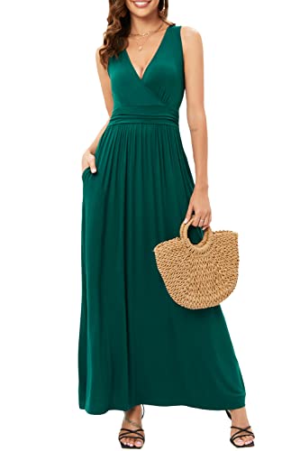 OUGES Sommerkleid Damen Ärmellos V-Ausschnitt Kleider Casual Boho Kleid Maxikleid mit Taschen (Grün-3141, L) von OUGES