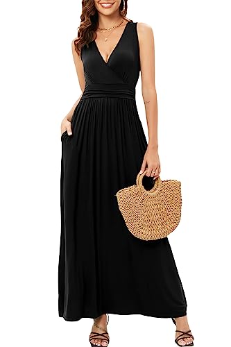 OUGES Sommerkleid Damen Ärmellos V-Ausschnitt Kleider Casual Boho Schwarz Kleid Maxikleid mit Taschen (Schwarz-3141, L) von OUGES