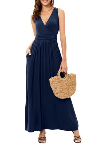 OUGES Sommerkleid Damen Ärmellos V-Ausschnitt Kleider Casual Boho Schwarz Kleid Maxikleid mit Taschen (Schwarz-3141, L) von OUGES