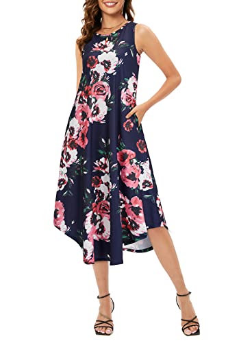 OUGES Sommerkleid Damen Boho Lang Kleid Midi Kleider Casual Maxikleid Strandkleid mit Taschen(Floral02,XL) von OUGES