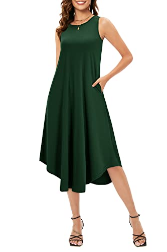 OUGES Sommerkleid Damen Boho Lang Kleid Midi Kleider Casual Maxikleid Strandkleid mit Taschen(Grün,L) von OUGES