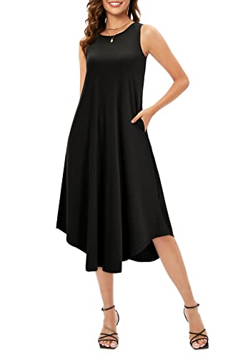 OUGES Sommerkleid Damen Boho Lang Kleid Midi Kleider Casual Maxikleid Strandkleid mit Taschen(Schwarz,M) von OUGES