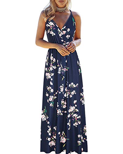 OUGES Sommerkleid Damen Elegant Lang Maxikleider V-Ausschnitt Kleider Ärmellos Spaghettiträger Elegant Blumenkleid Strandkleid Freizeitkleid Mit Taschen(Blumen09-OE442,M) von OUGES