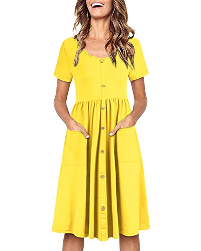 OUGES Sommerkleid Damen Kleider Kurzarm V-Ausschnitt Midi Kleid Knopfleiste Knielang Freizeitkleid mit Taschen(Gelb395, L) von OUGES