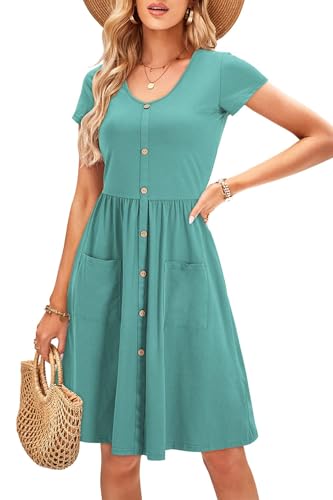OUGES Sommerkleid Damen Kleider Kurzarm V-Ausschnitt Midi Kleid Knopfleiste Knielang Freizeitkleid mit Taschen(Blue02-395, S) von OUGES