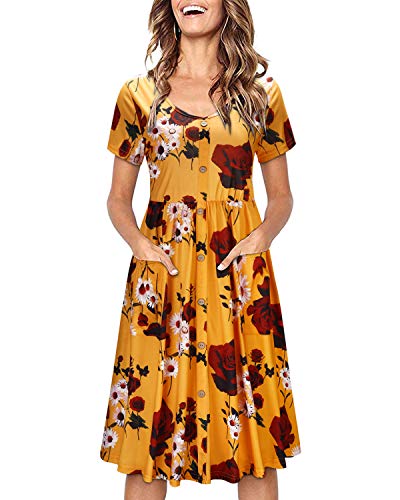 OUGES Sommerkleid Damen Kleider Kurzarm V-Ausschnitt Midi Kleid Knopfleiste Knielang Freizeitkleid mit Taschen(Floral04, S) von OUGES