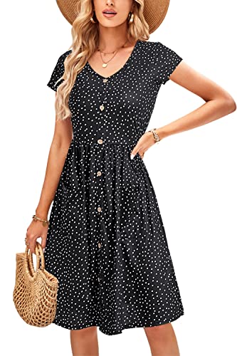 OUGES Sommerkleid Damen Kleider Kurzarm V-Ausschnitt Midi Kleid Knopfleiste Knielang Freizeitkleid mit Taschen(Floral24,L) von OUGES