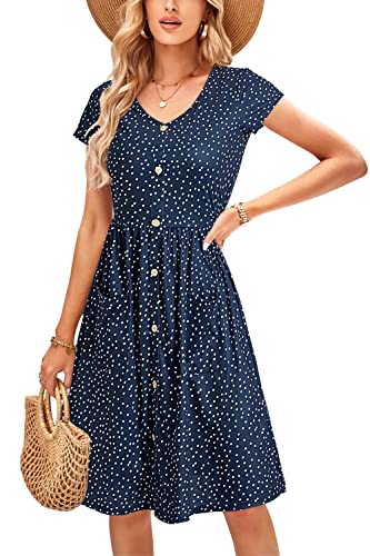 OUGES Sommerkleid Damen Kleider Kurzarm V-Ausschnitt Midi Kleid Knopfleiste Knielang Freizeitkleid mit Taschen(Floral30,XXL) von OUGES