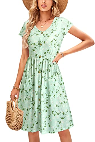 OUGES Sommerkleid Damen Kleider Kurzarm V-Ausschnitt Midi Kleid Knopfleiste Knielang Freizeitkleid mit Taschen(Floral32,L) von OUGES