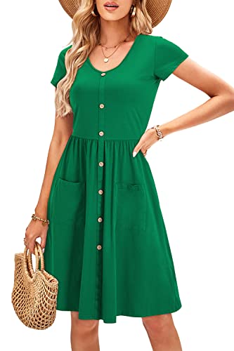 OUGES Sommerkleid Damen Kleider Kurzarm V-Ausschnitt Midi Kleid Knopfleiste Knielang Freizeitkleid mit Taschen(Grün395, XL) von OUGES
