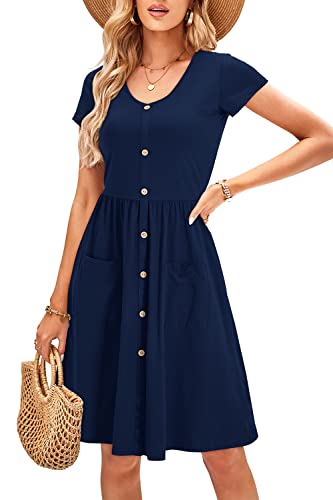 OUGES Sommerkleid Damen Kleider Kurzarm V-Ausschnitt Midi Kleid Knopfleiste Knielang Freizeitkleid mit Taschen(Marineblau395, XL) von OUGES