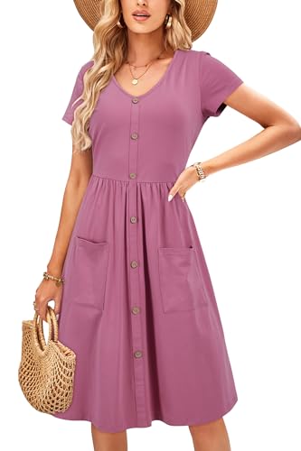 OUGES Sommerkleid Damen Kleider Kurzarm V-Ausschnitt Midi Kleid Knopfleiste Knielang Freizeitkleid mit Taschen(Pink395, XL) von OUGES